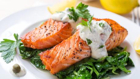 Grilled Salmon with Spinach and Creamy Sauce wallpaper