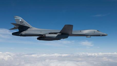 B-1B Lancer Soaring in Blue Sky wallpaper