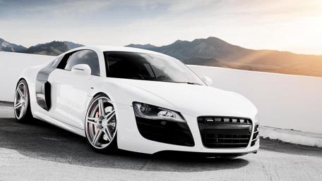 Sleek White Audi R8 in Scenic Landscape wallpaper