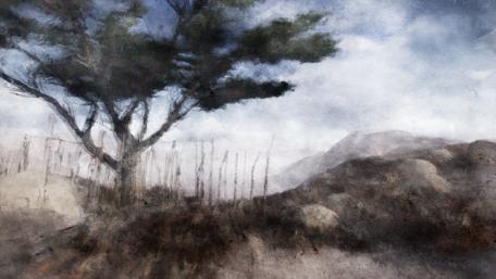 Mystical Landscape Under a Cloudy Sky wallpaper