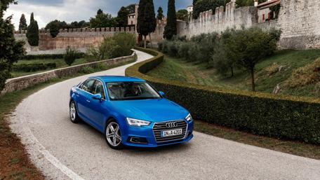 Stunning Blue Audi in Serene Garden Setting wallpaper