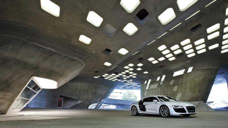Sleek Audi R8 in Modern Architectural Space wallpaper