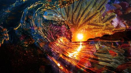 Epic Sunset Over a Magical Ocean Wave wallpaper