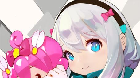 Cheerful Anime Girl with Bright Blue Eyes wallpaper