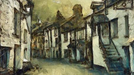 Timeless Village Streetscape in Pencil Art wallpaper