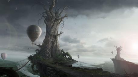 Mystical Tree Island and Floating Balloons wallpaper