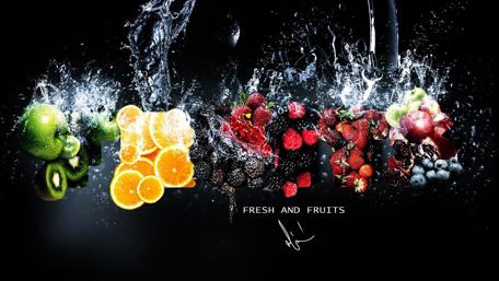 Vibrant Burst of Fresh Fruits and Water Splashes wallpaper