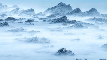Mysterious Coastal Fog Over Rocky Shores wallpaper
