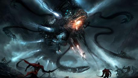 Epic Battle Against a Cosmic Entity in the Skies wallpaper