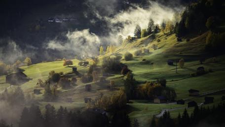 Misty Twilight Over the Hillside Village wallpaper