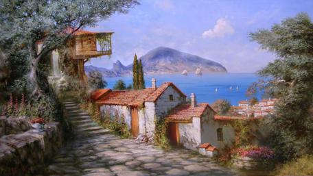 Serene Coastal Village wallpaper