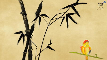 Vibrant Bird Amidst Bamboo Shadows wallpaper