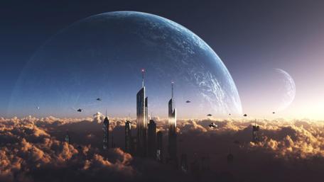 Futuristic Skyline Beneath Distant Planets wallpaper