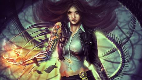 Enchanted Warrior in Cybernetic Realm wallpaper