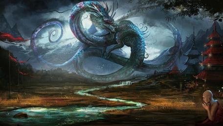 Mystical Dragon Reigns over Stormy Temple wallpaper
