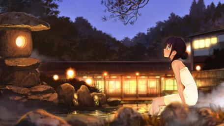 Serene Night at the Onsen wallpaper