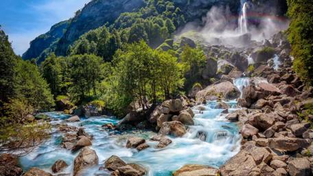 Swiss Waterfall Serenity with Rainbow Display wallpaper