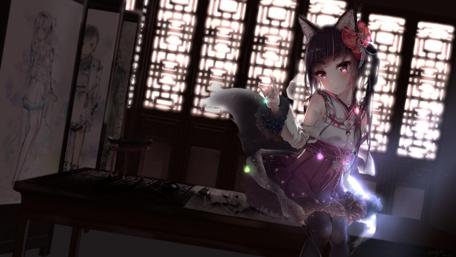 Mystical Neko Girl in a Traditional Room wallpaper