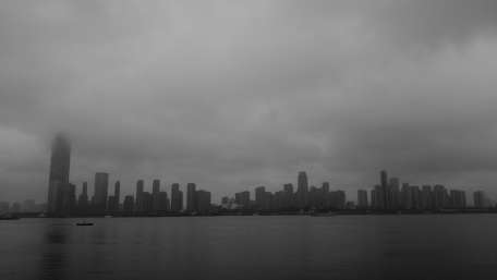 Misty Monochrome River View Over Wuhan Skyline wallpaper