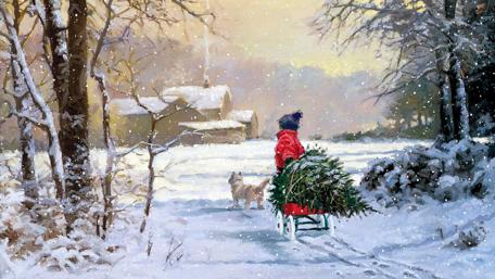 Festive Winter Wonderland Scene with Dog and Sleighing Trees wallpaper