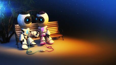 Robotic Romance Under Starlit Glow wallpaper