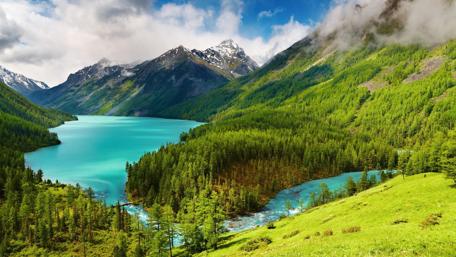Majestic Serenity of Kucherlinskoe Lake and Mountains wallpaper