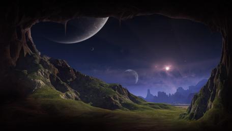 Mystical Cave View of Distant Planets wallpaper