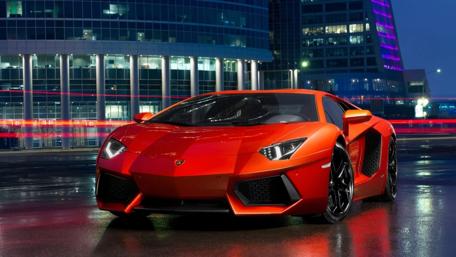 Red Lamborghini Aventador at Night City wallpaper