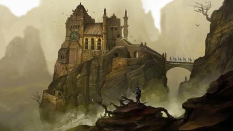 Mysterious Castle on Misty Hillside Dreamscape wallpaper