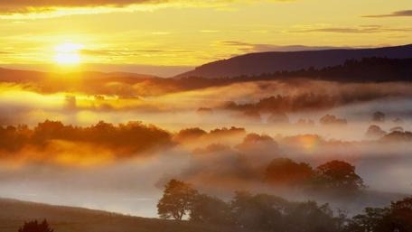 Misty Sunrise Over a Serene Landscape wallpaper