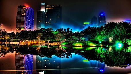 Skyscrapers Reflecting in City Night Lake wallpaper