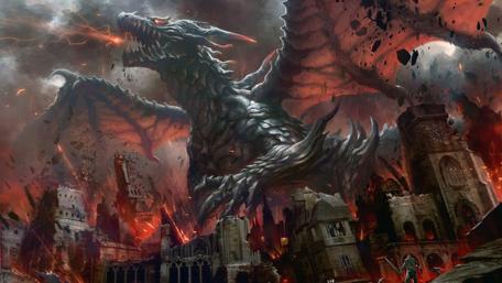 Dramatic Dragon Siege on Medieval City wallpaper