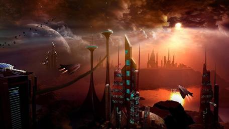 Futuristic Skyline Under Alien Skies wallpaper