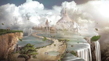 Mystical Castle Above the Cascading Falls wallpaper