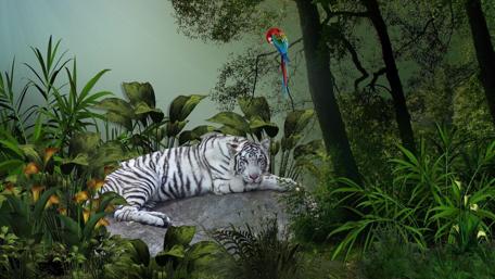 Majestic Jungle Scene with White Tiger and Parrot wallpaper