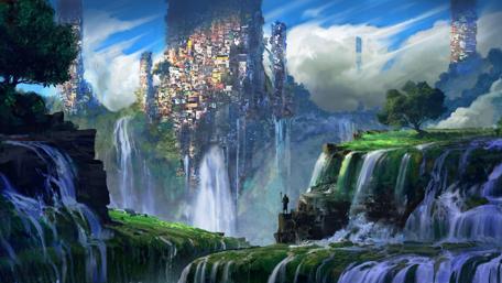 Waterfall Haven of Fantasy Realms wallpaper