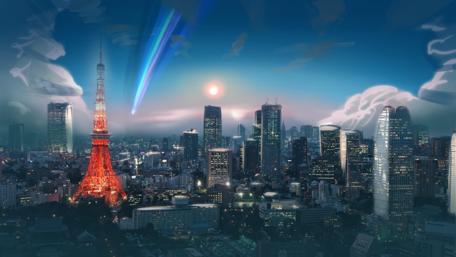 Tokyo Tower Meets Comet in Anime Cityscape wallpaper
