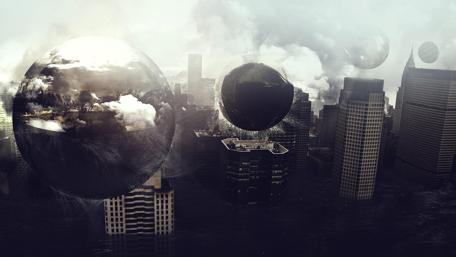 Mystical Spheres in a Futuristic Metropolis wallpaper