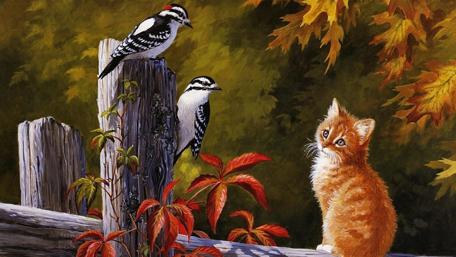 Cute cat with birds painting wallpaper