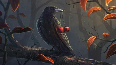 Artistic crow with cherries in its beak on a branch wallpaper