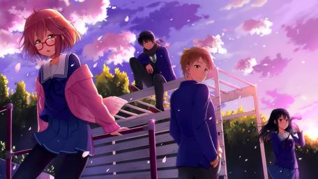 High School Anime Sunset Scene wallpaper