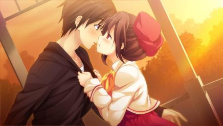 Romantic Sunset Moment in Anime Style wallpaper