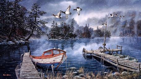 Winter lakeside painting art wallpaper