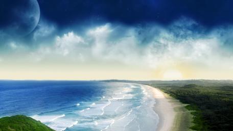 Fantasy beach with big full moon wallpaper
