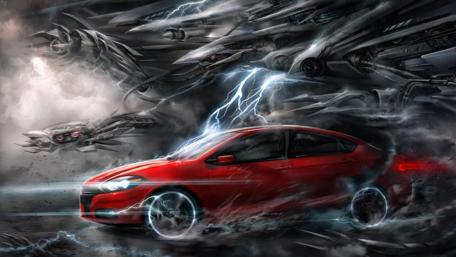 Fantasy red car in a futuristic world wallpaper