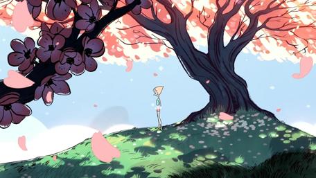 Serene Anime Landscape with Blossoming Trees wallpaper