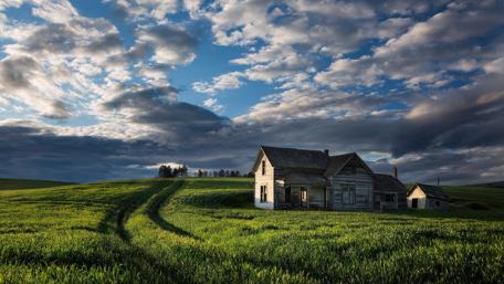 Upon a time - Abandoned house on the green field wallpaper