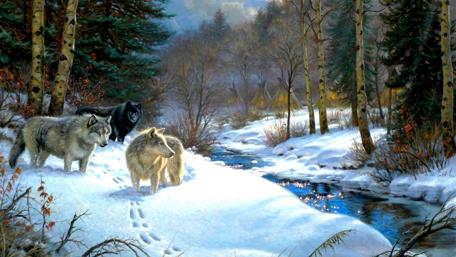 Gray wolves painting wallpaper