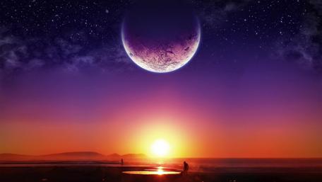 Sunset with supermoon digital art wallpaper