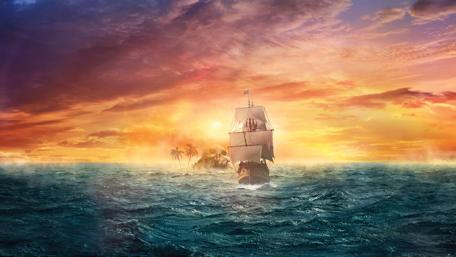 Pirate ship in the sunset - Fantasy art wallpaper